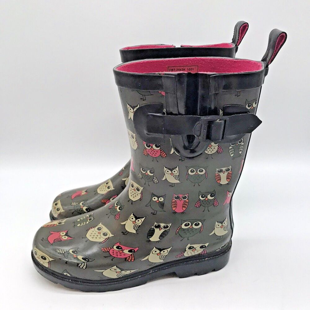 Capelli New York Shiny Pop Owl Printed Rain Boots Kid's 2 Gray Black Rain Gear - Picture 3 of 10